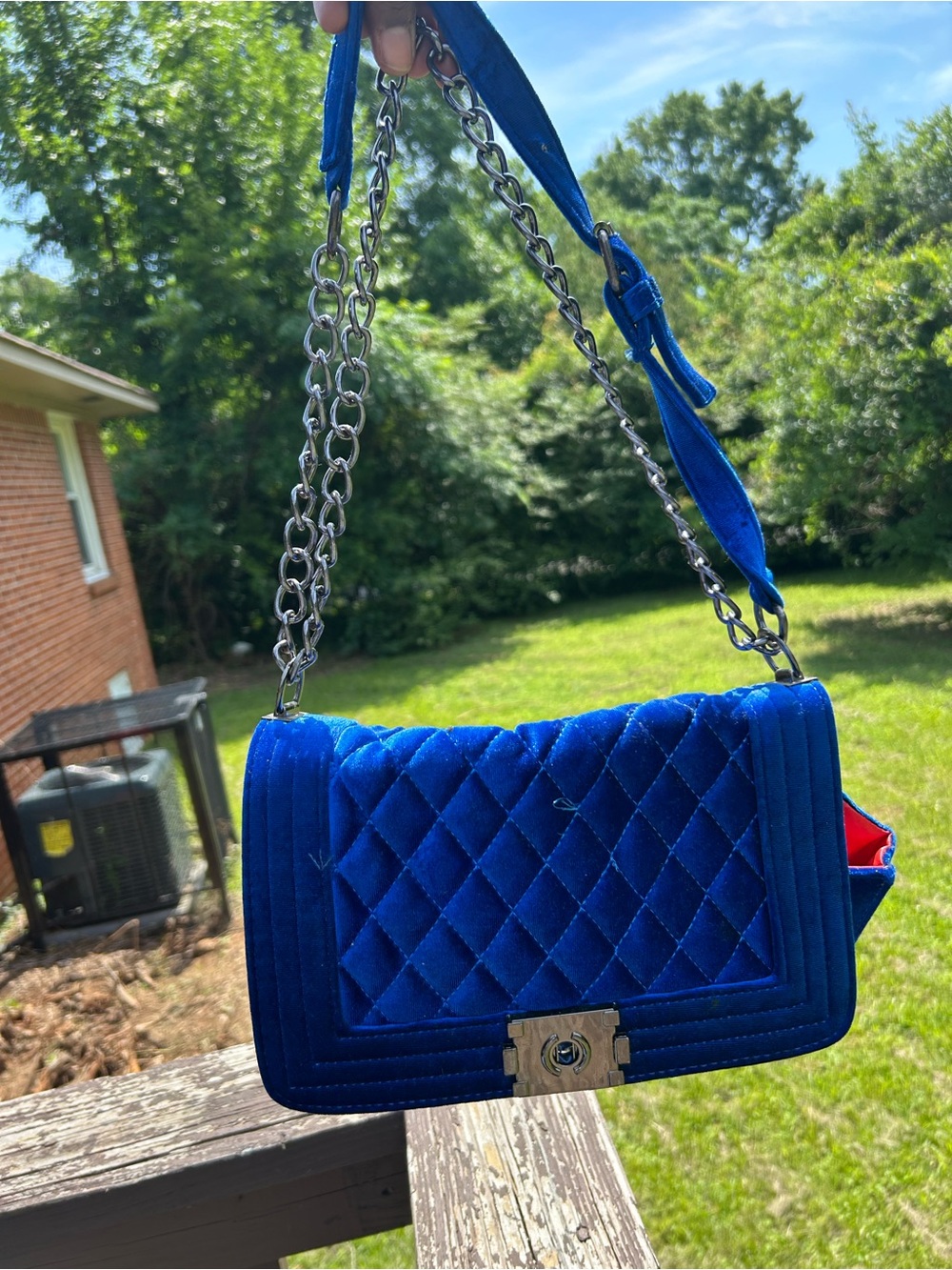 Blue Quilted Velvet Chain Shoulder Bag